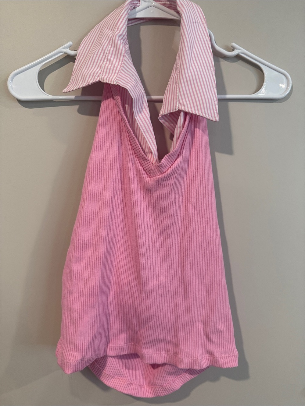 stradivarius Pink Ribbed Halter Tank with Striped Collar